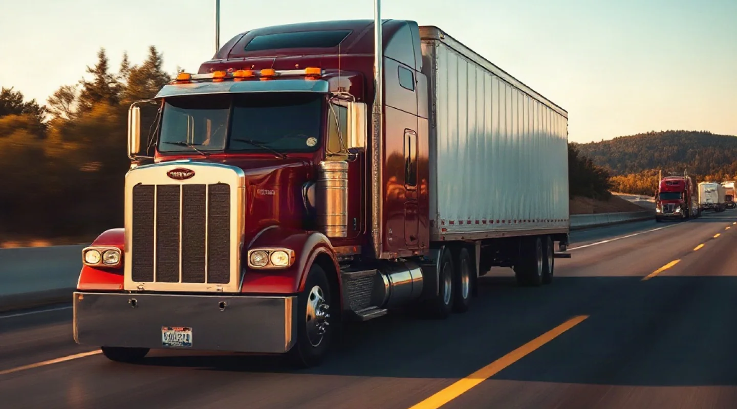 Semi-truck transporting a commercial trailer on an interstate